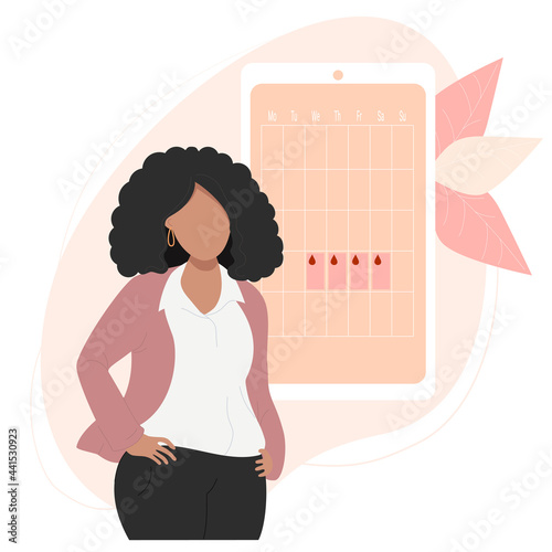 dark-skinned girl looks at the calendar. Ethnic woman near the calendar of female health and menstruation on the phone screen. Vector illustration. The concept of womens health and modern programs