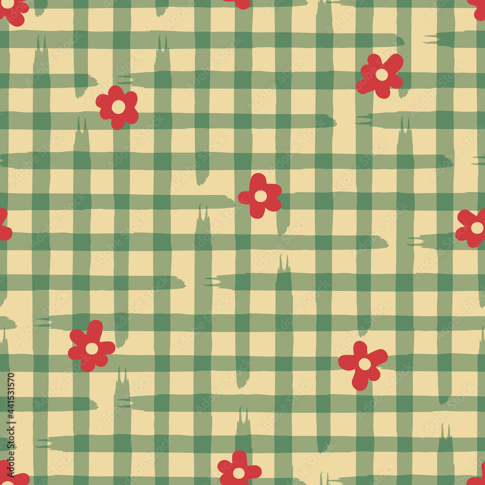 Vector red green flowers check seamless pattern