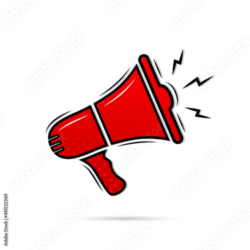 Megaphone icon. Loud announce. Red loudspeaker sign. Shout in speaker. Bullhorn alert. Noise speaker. Speak news announcement. Loud sound horn. Notify ad  icon. Voice pop art. Vector illustration