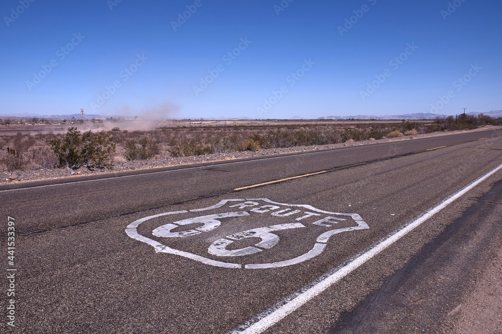 historic route 66, mojave desert, sign painted on asphalt