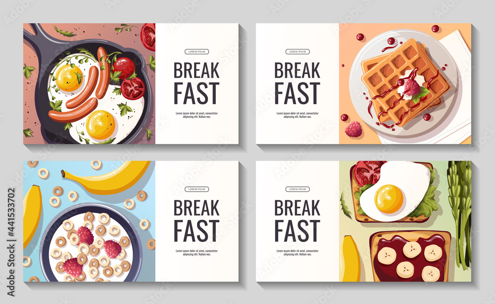 Set of promo banners for breakfast menu, healthy eating, nutrition, cooking, fresh food, dessert, diet, pastry, cuisine. Vector illustration for banner, flyer, cover, advertising, menu, poster. Set of promo banners for breakfast menu, healthy eating, nutrition, cooking, fresh food, dessert, diet, pastry, cuisine. Vector illustration for banner, flyer, cover, advertising, menu, poster.