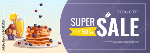 Promo sale banner with pancakes with berries, cupcake, orange juice. Healthy eating, nutrition, cooking, breakfast menu, dessert, recipes concept. Vector illustration for banner, poster, flyer, sale.
