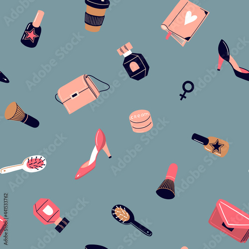 Vector seamless pattern with cosmetics, girl’s different items and stuff. Feminism concept, International women day, girl protest