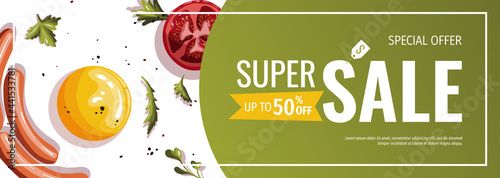 Promo banner with scrambled eggs, sausages, tomatos. Healthy eating, nutrition, diet, cooking, breakfast menu, fresh food concept. Vector illustration for banner, flyer, poster, menu.