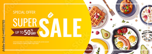 Promo sale banner with scrambled eggs, sausages, tomatos. Healthy eating, nutrition, diet, cooking, breakfast menu, fresh food concept. Vector illustration for banner, flyer, poster, menu.