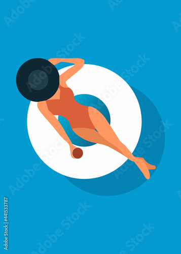 Women chilling on the pool float in the swimming pool, enjoy summer and relax. Vector flat illustration