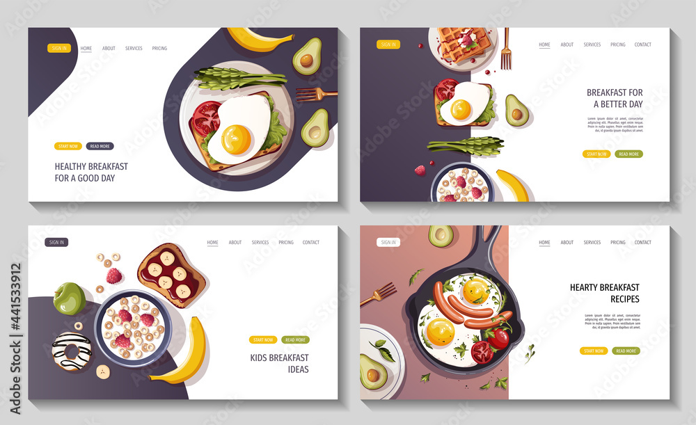Set of web pages for Healthy eating, nutrition, cooking, breakfast menu, dessert, recipes, pastry, fresh food. Vector illustration for banner, website, poster. Set of web pages for Healthy eating, nutrition, cooking, breakfast menu, dessert, recipes, pastry, fresh food. Vector illustration for banner, website, poster.
