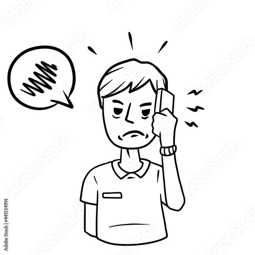 Man with mobile phone. Unpleasant conversation. Angry guy with modern device. Talking problems. Cartoon hand drawn black and white sketch illustration.