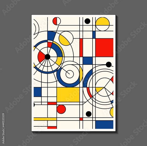 Steampunk mechanic. Fashion poster inspired by postmodern Mondrian. Neoplasty, Bauhaus. Useful for interior design, background, poster design, first page of the magazine, high-tech printing, cover.