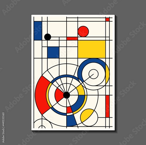 Steampunk mechanic. Fashion poster inspired by postmodern Mondrian. Neoplasty, Bauhaus. Useful for interior design, background, poster design, first page of the magazine, high-tech printing, cover.