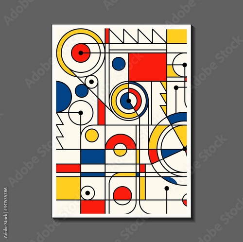 Steampunk mechanic. Fashion poster inspired by postmodern Mondrian. Neoplasty, Bauhaus. Useful for interior design, background, poster design, first page of the magazine, high-tech printing, cover.