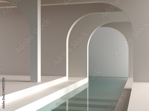 3d render. Minimal interior scene to show beauty products. Empty scene with minimalistic shapes, arches in the background, and water, minimalistic geometrical forms. Pastel colors. 