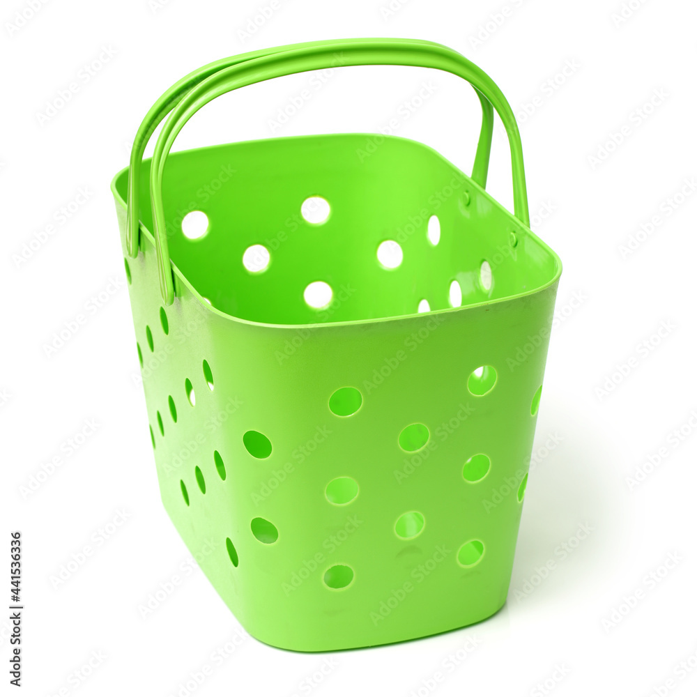 fabric in plastic basket on white background 