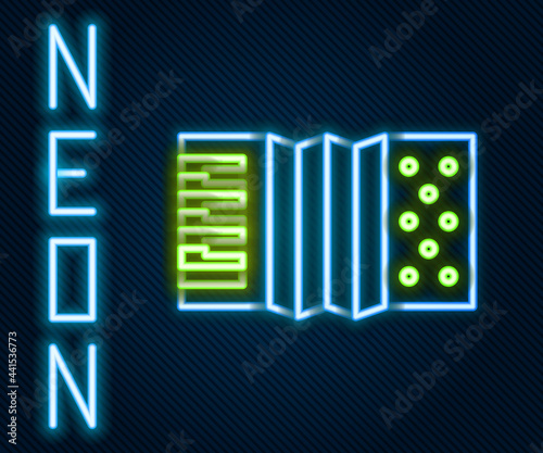 Glowing neon line Musical instrument accordion icon isolated on black background. Classical bayan, harmonic. Colorful outline concept. Vector
