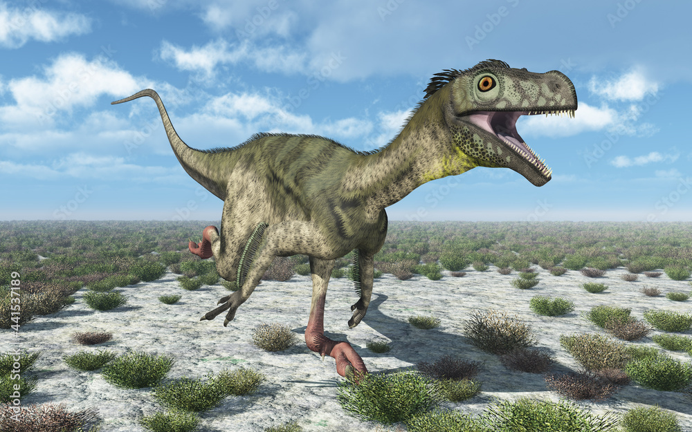 Fototapeta premium Dinosaurier Ornitholestes in einer Landschaft