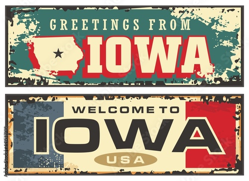 Greetings from Iowa vintage tin sign layout. Sticker label design template Iowa USA. Vector retro illustration. Travel and vacation souvenir or post card.