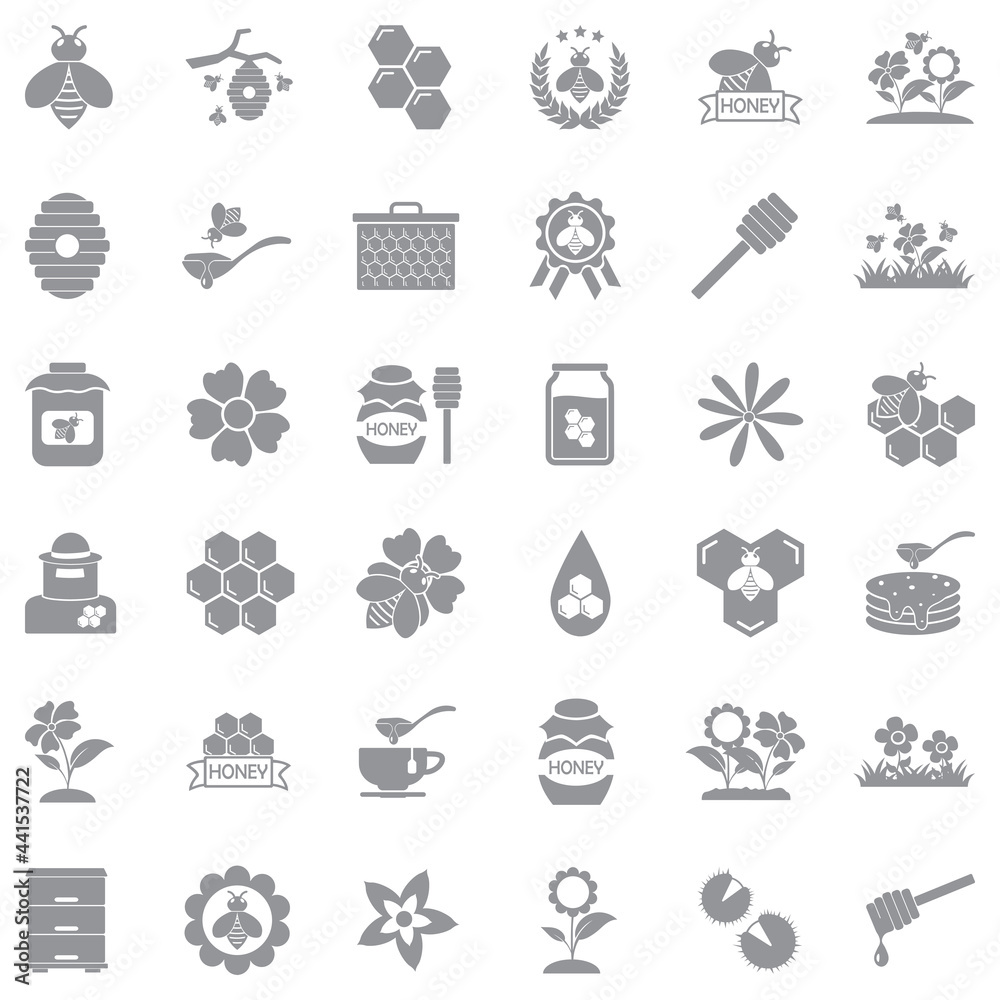 Bee And Honey Icons. Gray Flat Design. Vector Illustration.