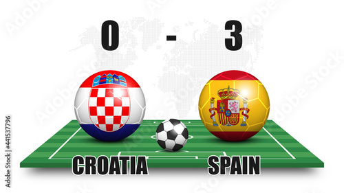Croatia vs Spain . Soccer ball with national flag pattern on perspective football field . Dotted world map background . Football match result and scoreboard . Sport cup tournament . 3D vector design .