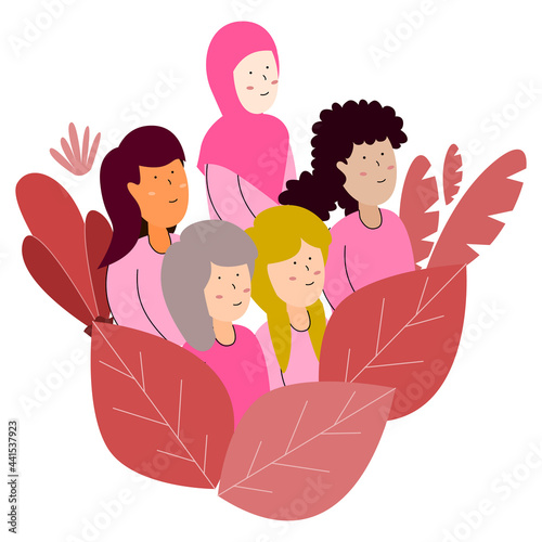 Vector illustration of multicultural women, women of different cultures and ethnicities peacefully side by side, women's support movement, brotherhood and friendship in women's differences
