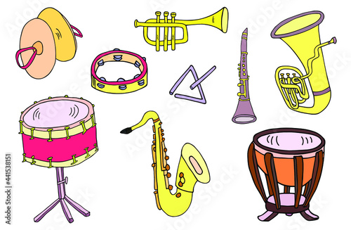 Saxophone, cymbals, tambourine, timpani, triangle, snare drum, tuba, clarinet, and trumpet set. Hand-drawn musical instruments vector icon collection.
