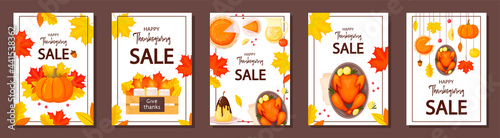 A set of Thanksgiving flyers on a white background. Baked turkey, pumpkin pie, autumn leaves, apples, acorns, vector illustration in cartoon strength.