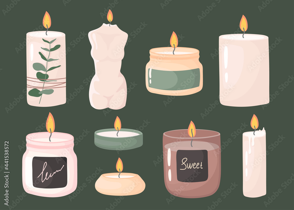 paraffin aromatic candles for aroma therapy isolated on light background. Cute hygge home decoration, holiday decorative design element. Flat cartoon colorful vector illustration. paraffin aromatic candles for aroma therapy isolated on light background. Cute hygge home decoration, holiday decorative design element. Flat cartoon colorful vector illustration.