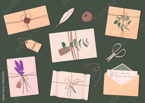 Collection of various envelopes with mail. Set of various paper letters, stationery, sealing wax and handmade postcards. cartoon style.