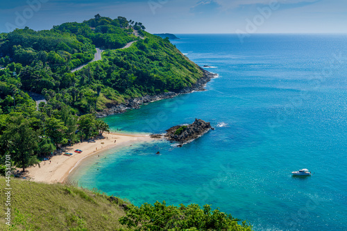 Yanui Beach and the beautiful Andaman sea from Windmill View Point near Laem Promthep Cape, Phuket Island, Thailand © Mike To