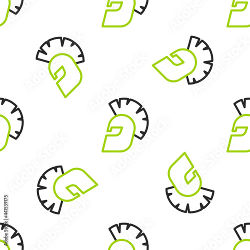 Line Greek helmet icon isolated seamless pattern on white background. Antiques helmet for head protection soldiers with a crest of feathers or horsehair. Vector