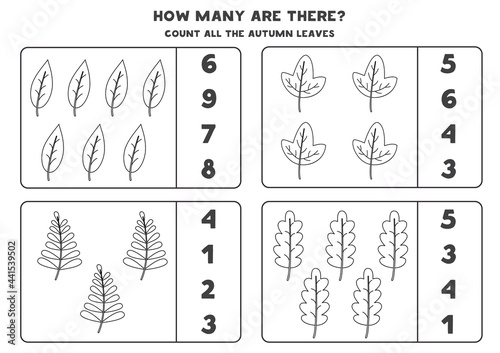 Counting game with black and white autumn leaves. Math worksheet.
