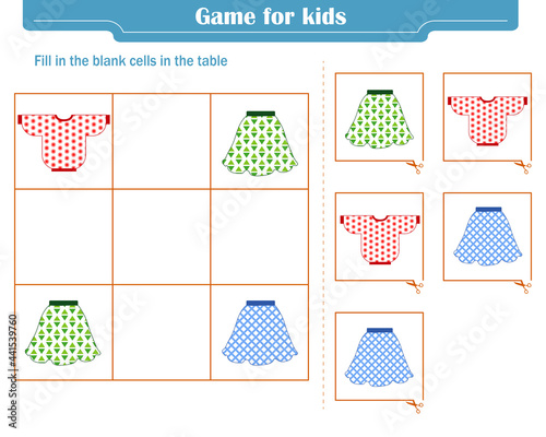  Logic game for children. Fill in the blank cells in the table so that in each row and column the element appears only once