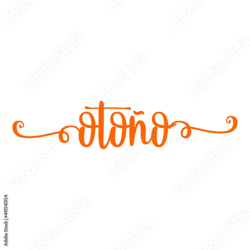 Banner con texto manuscrito otoño en español escrito a mano con florituras en color naranja