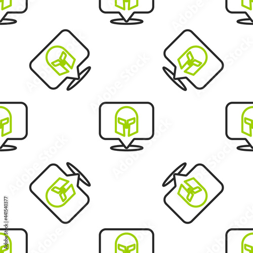 Line Greek helmet icon isolated seamless pattern on white background. Antiques helmet for head protection soldiers with a crest of feathers or horsehair. Vector
