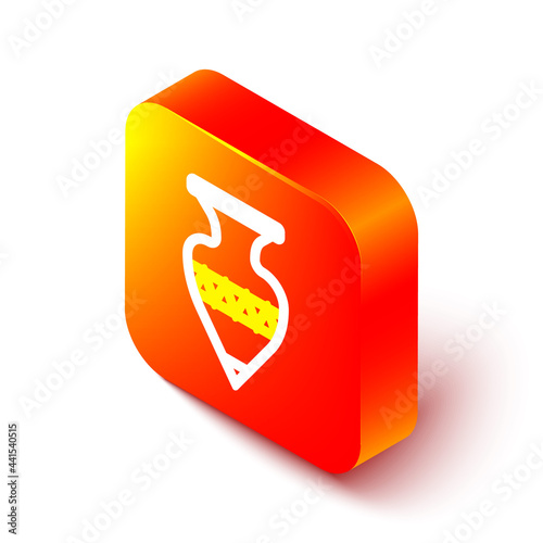 Isometric line Ancient amphorae icon isolated on white background. Orange square button. Vector