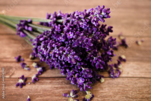 Bunch of fresh lavender isolated on wooden background