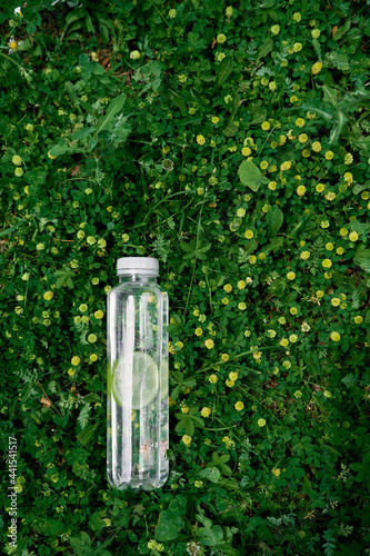 Water bottle with lime lies on green grass among yellow wildflowers