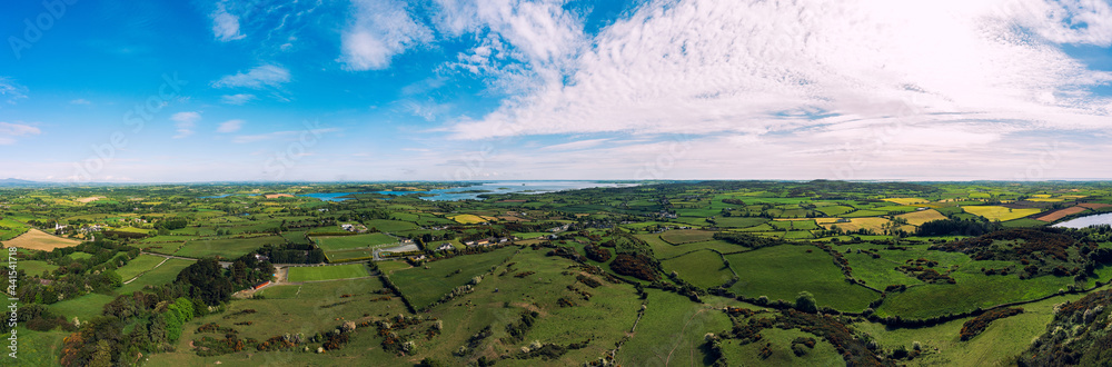 Aerial Panoramic view of summer sunny Downpatrick countryside, Northern Ireland