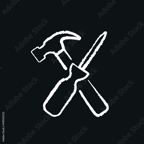 Screwdriver and hammer chalk icon. Vector black illustration.