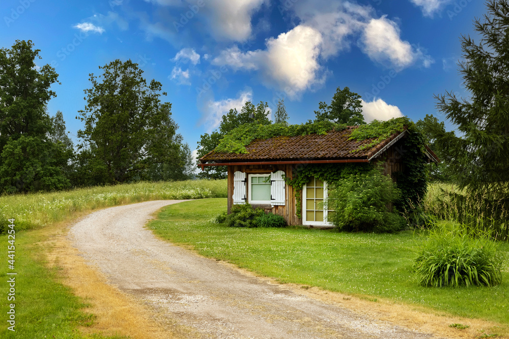 small wooden lodge and country road in countryside. idyllic landscape