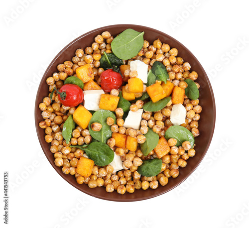 Dish with delicious fresh chickpea salad isolated on white, top view