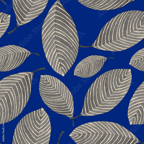 Grey ornamental leaves isolated on dark blue background seamless pattern for all prints.