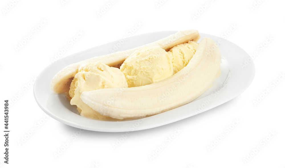 Delicious banana split ice cream isolated on white