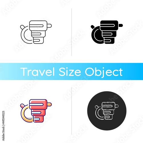 Foldable cup icon. Portable amenities for camping comfort. Reusable mug. Essential things for tourist. Travel size objects. Linear black and RGB color styles. Isolated vector illustrations