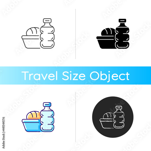 Airplane food icon. Meal during flight. Airline catering service. Essential things for tourist. Travel size objects. Linear black and RGB color styles. Isolated vector illustrations