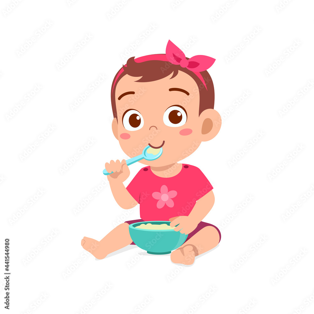 cute little baby girl eat porridge in bowl with spoon cute little baby girl eat porridge in bowl with spoon