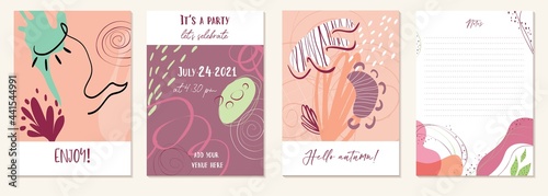 Set of abstract creative universal artistic templates. Good for poster, card, invitation, flyer, cover, banner, placard, brochure and other graphic design. Trendy natural and pastel colors. Vector.