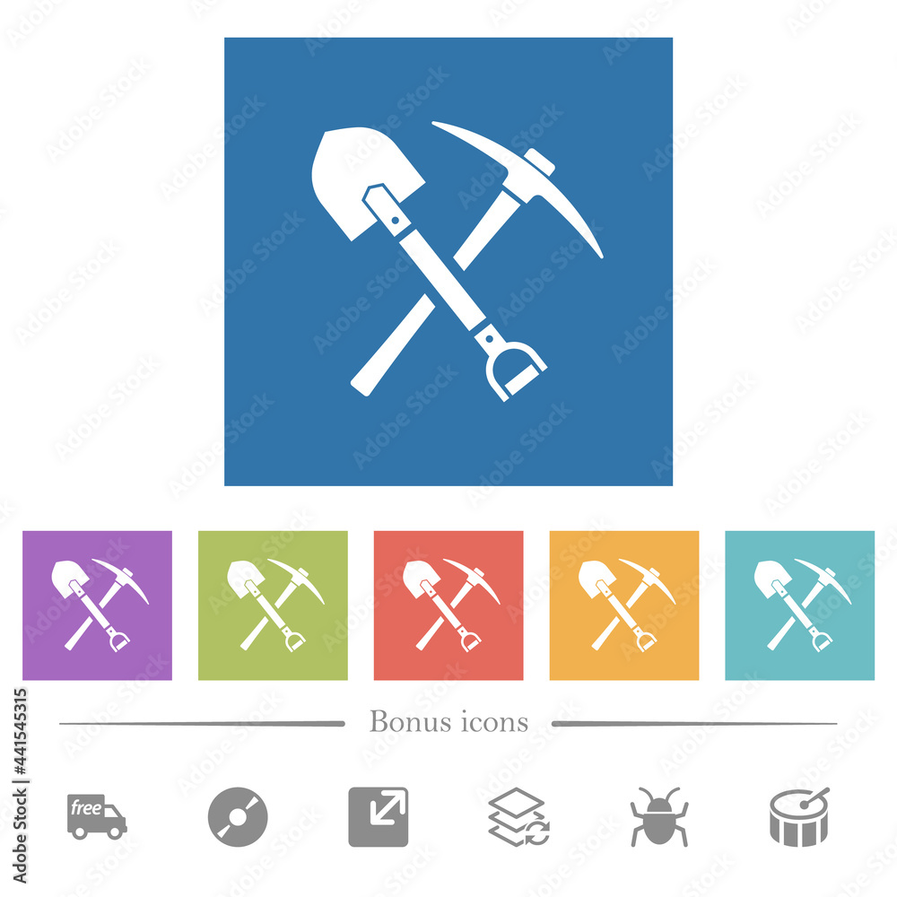 shovel and pickaxe flat white icons in square backgrounds shovel and pickaxe flat white icons in square backgrounds