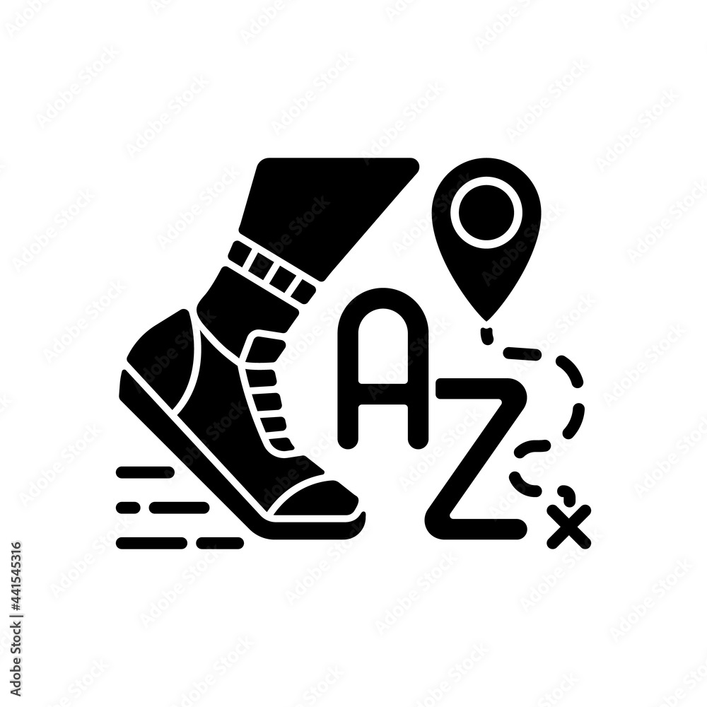 Alphatourism black glyph icon. Leisure activity and lifestyle. Traveller journey. Route for exercising and jogging. Travel industry. Silhouette symbol on white space. Vector isolated illustration Alphatourism black glyph icon. Leisure activity and lifestyle. Traveller journey. Route for exercising and jogging. Travel industry. Silhouette symbol on white space. Vector isolated illustration