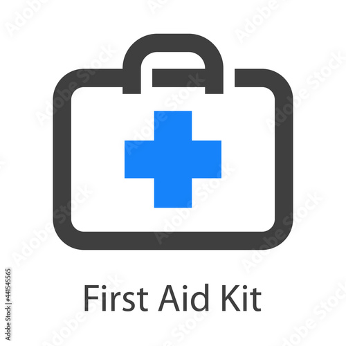 Logo con texto First Aid Kit con maletín con cruz con lineas en color gris y azul