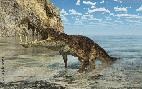 Pr  historisches Krokodil Kaprosuchus in einer K  stenlandschaft